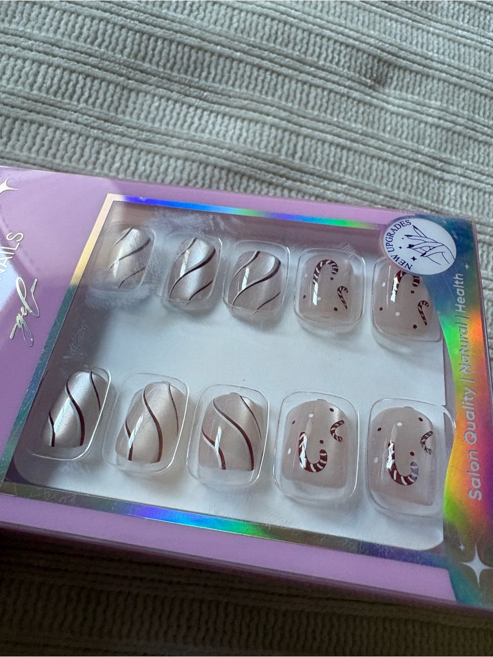 Jofay Fashion Press-On Nails Pearl Nude Pink Candy Cane Design